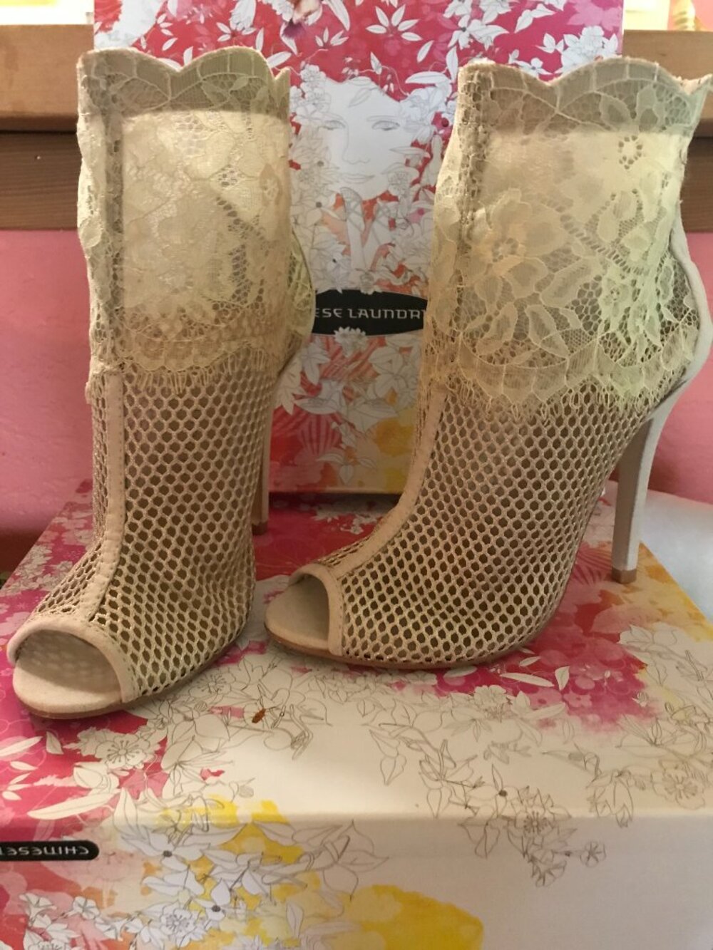 Chinese Laundry Jeopardy Size 6.5 Nude Open Toe Lace Bootie